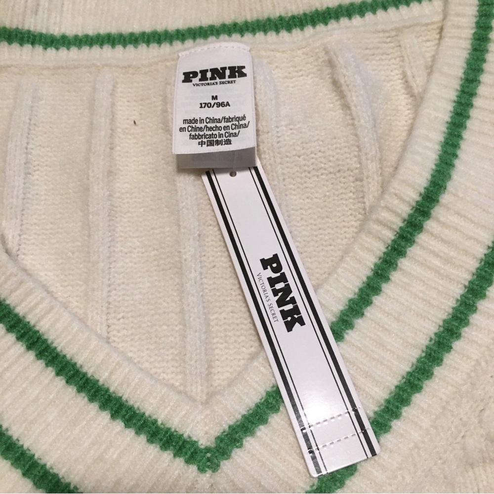 Victoria's Secret PINK Cream Cable Knit V-Neck Vest with Green Stripe - Picture 7 of 8